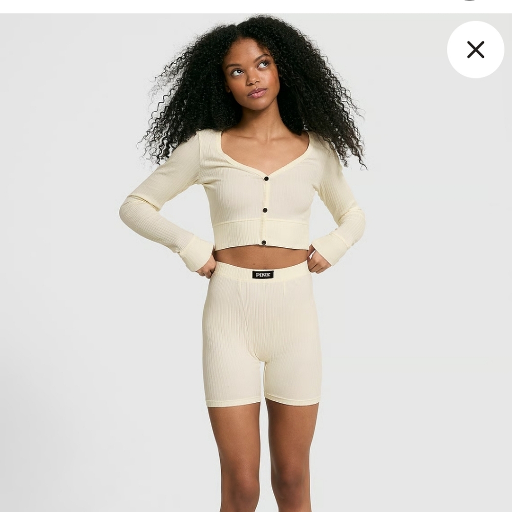 Victoria's Secret Pink Lounge Beige/Cream Ribbed Cropped Cardigan Short Set  New